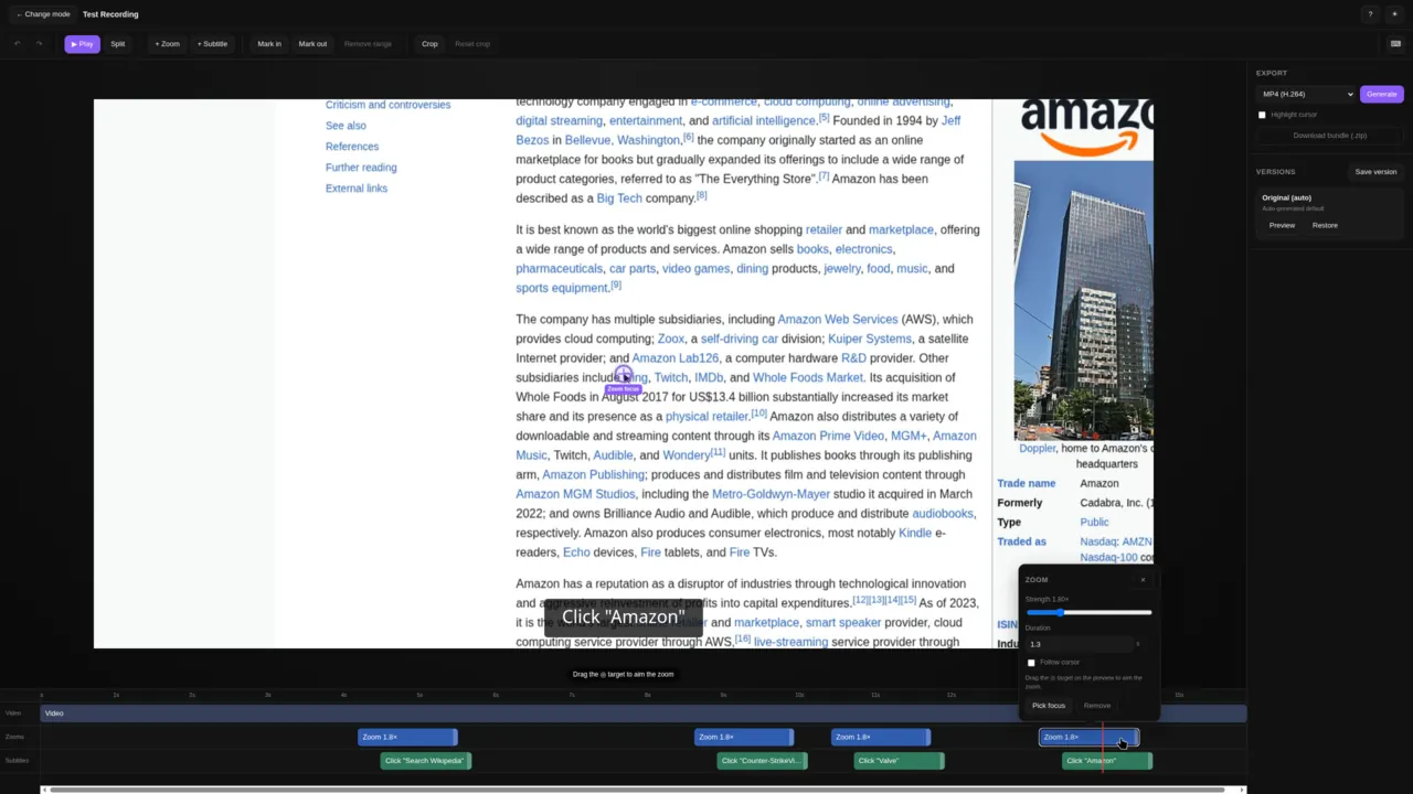 The demoscope editor: a captured step on the canvas with a "Click Amazon" annotation over it, and the recording laid out as segments on the timeline below.