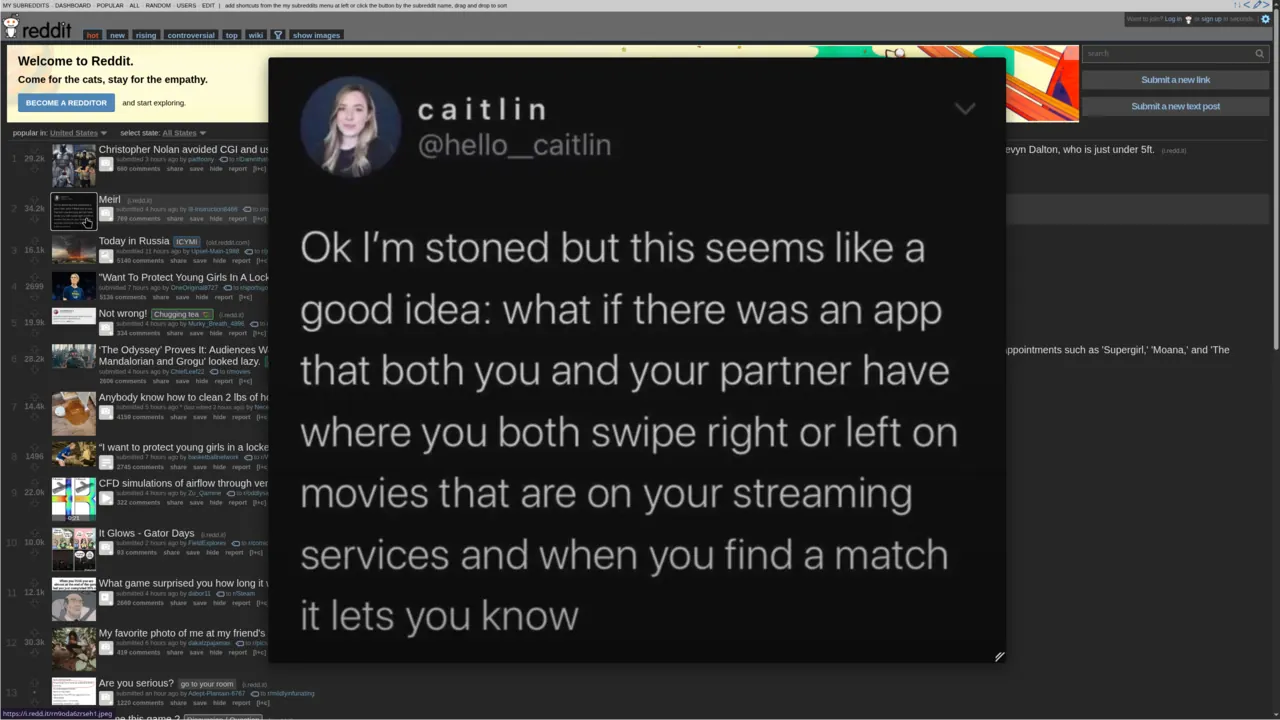 A Reddit feed with a hovered thumbnail expanded into a large, fully readable preview beside the cursor.